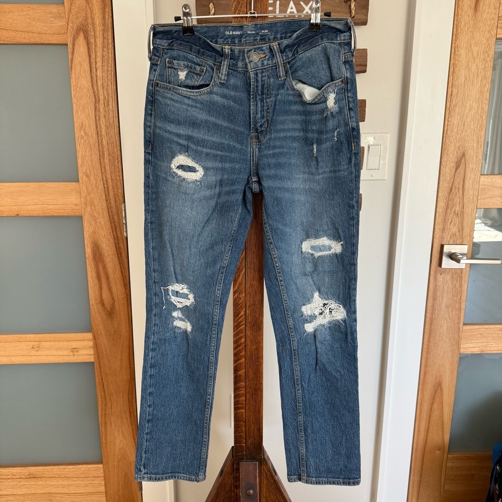 Old Navy Slim Built-In Flex Rip-and-Repair‎ Medium Wash Jeans Women's 29x30 EUC